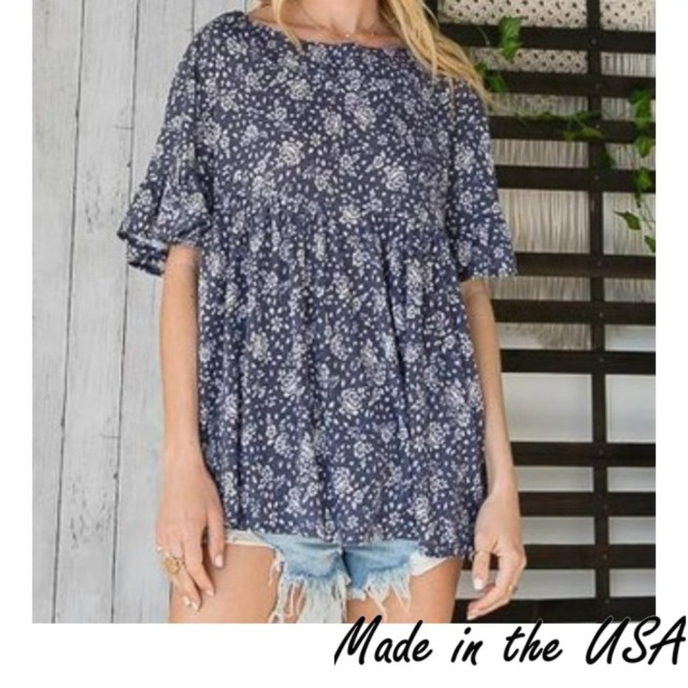 Navy & White Floral BoHo Baby Doll Top